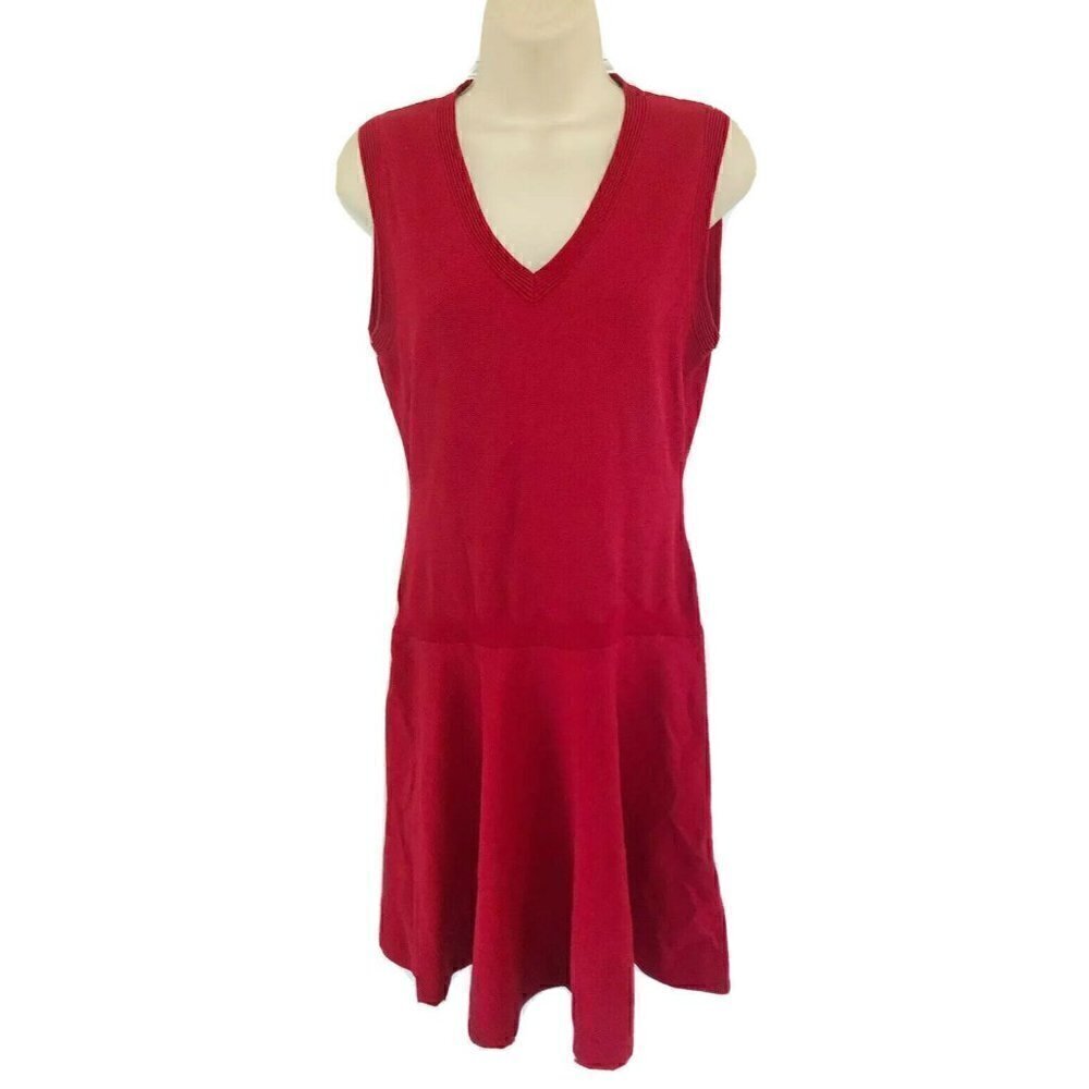 Sandro Red Knit Sleeveless V Neck Cocktail Party Christmas  Holiday Dress